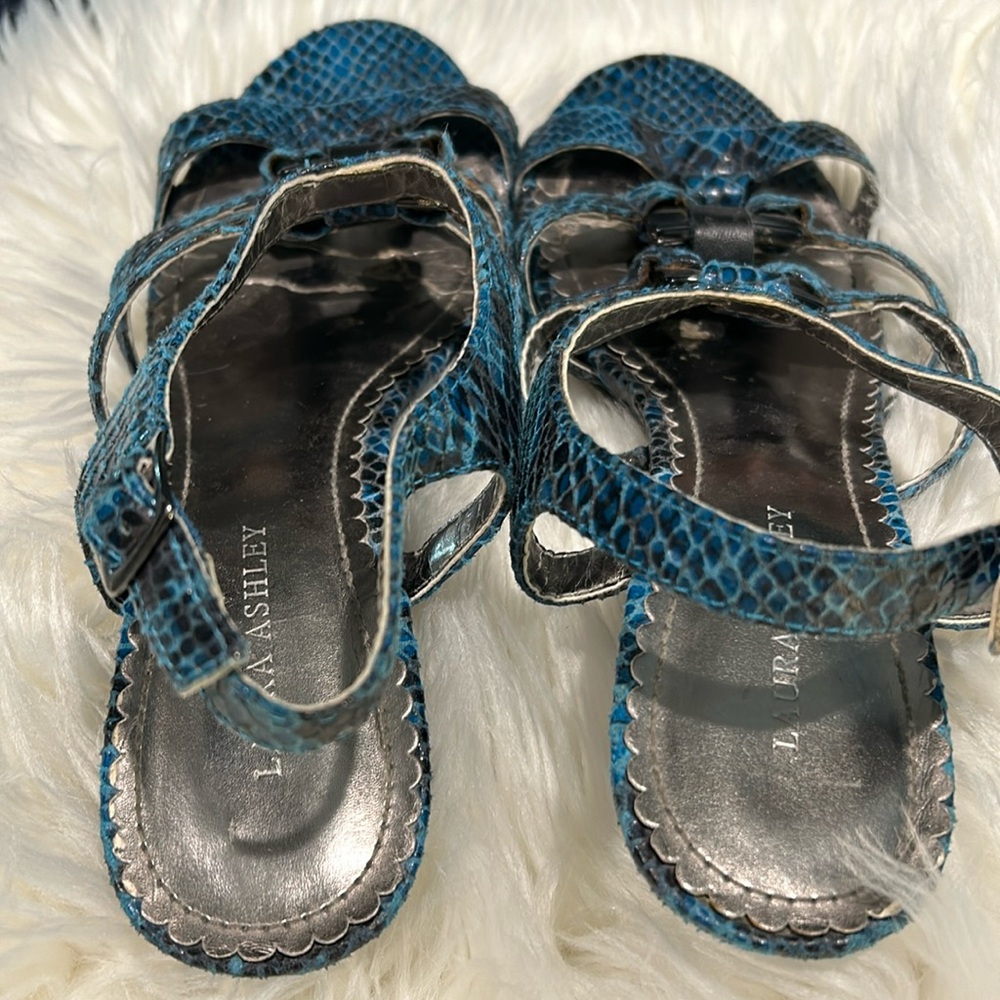 COPY - Well loved Laura Ashley Ocean Blue and Black Snakeskin Sandals 2inch wed…